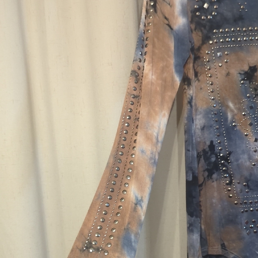 Vocal Blue and Brown Tie-Dye Studded Long Sleeve Top - Picture 5 of 5